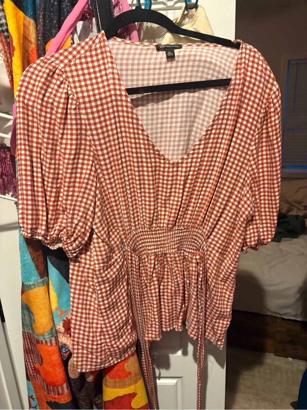 Versona Rust Gingham V-Neck Puff Sleeve Top